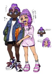 Rule 34 | 1boy, 1girl, arm at side, arm hug, arrow (symbol), bike shorts, black shorts, blue eyes, breast pocket, closed eyes, clothes writing, colored tongue, commentary, crying, dark-skinned female, dark skin, denim, denim jacket, dolphin shorts, drill hair, eyebrow cut, fangs, full body, furrowed brow, glasses, hand in pocket, highres, holding another&#039;s arm, jacket, long hair, looking at another, mars symbol, multicolored clothes, multicolored footwear, multicolored jacket, nintendo, octoling, octoling boy, octoling girl, octoling player character, open mouth, parted lips, pink footwear, pocket, purple hair, purple pupils, purple tongue, reverse trap, sandals, shirt, shoes, short hair, shorts, sneakers, socks, speech bubble, splatoon (series), splatoon 3, standing, suction cups, symbol-only commentary, tentacle hair, translation request, trap, twin drills, venus symbol, white-framed eyewear, white footwear, white shirt, white socks, yeneny