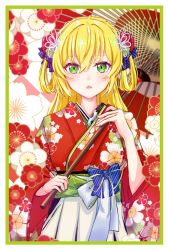 Rule 34 | .live, 1girl, alternate costume, alternate hairstyle, blonde hair, blush, green eyes, hair ornament, hair rings, japanese clothes, kimono, kongou iroha, long hair, long sleeves, looking at viewer, oil-paper umbrella, open mouth, solo, triangle mouth, umbrella, v su tofu, virtual youtuber