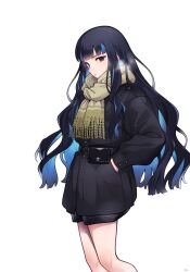 Rule 34 | 1girl, absurdres, belt, black hair, black jacket, black shorts, blue hair, breasts, colored inner hair, fate/grand order, fate (series), green scarf, grey eyes, highres, jacket, long hair, long sleeves, looking at viewer, medium breasts, mitsurugi sugar, multicolored hair, pouch, scarf, shorts, sidelocks, solo, tenochtitlan (fate), thighs, white background