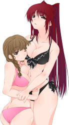Rule 34 | 00s, 2girls, ass, bikini, blush, breast press, breasts, brown hair, cleavage, crossover, curvy, face, highres, kimi kiss, kousaka tamaki, large breasts, long hair, mizusawa mao, multiple girls, navel, one eye closed, open mouth, red hair, smile, sweat, swimsuit, to heart (series), to heart 2, wink, yamaguchi homupe, yuri