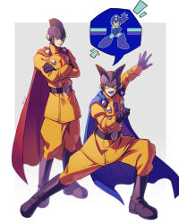 Rule 34 | 2boys, arm up, belt, black belt, black eyes, black footwear, black gloves, blue cape, border, buttons, cape, colored sclera, colored skin, colored tongue, commentary request, crossed arms, double-breasted, dragon ball, dragon ball super, dragon ball super super hero, gamma 1, gamma 2, gloves, grey background, grey skin, highres, jacket, long sleeves, looking at another, male focus, mega man (character), mega man (classic), mega man (series), multiple boys, open mouth, outside border, pants, parted lips, purple tongue, red cape, smile, speech bubble, spoken character, standing, superhero costume, teeth, tongue, twitter username, white border, yellow jacket, yellow pants, yellow sclera, zero-go