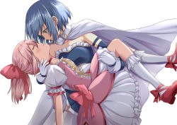 Rule 34 | 2girls, blue eyes, blue hair, cape, closed eyes, collarbone, commentary request, commission, from side, gloves, kaname madoka, looking at another, mahou shoujo madoka magica, mahou shoujo madoka magica (anime), medium hair, miki sayaka, multiple girls, parted lips, pink footwear, pink hair, rikopin, short hair, skeb commission, white background, white gloves, white legwear, yuri