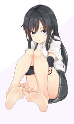 Rule 34 | 10s, 1girl, arm warmers, asashio (kancolle), barefoot, batatata77, black hair, blue eyes, feet, full body, highres, kantai collection, hugging own legs, legs, legs together, long hair, no legwear, open mouth, pleated skirt, school uniform, serafuku, shirt, simple background, sitting, skirt, soles, solo, suspenders, toes, white background