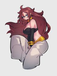 Rule 34 | 1girl, android 21, bare shoulders, blue eyes, bracelet, breasts, choker, cleavage, closed mouth, dragon ball, dragon ball fighterz, earrings, glasses, grey background, hair between eyes, hoop earrings, jewelry, kemachiku, long hair, looking at viewer, majin android 21, midriff, navel, red hair, simple background, solo, yellow choker