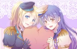 Rule 34 | 2girls, ayase eli, black gloves, blonde hair, blue eyes, blue hair, blush, commentary request, epaulettes, erito, gloves, hair between eyes, hat, heart, holding, long hair, looking at viewer, love live!, love live! school idol festival, love live! school idol project, multiple girls, open mouth, ponytail, scrunchie, sonoda umi, white gloves, yellow eyes