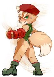 Rule 34 | 1boy, ass, blush, boots, cammy white, cammy white (cosplay), capcom, cosplay, crossdressing, crossover, fox, fox mccloud, furry, furry male, gradient background, green eyes, hat, male focus, nintendo, skin tight, solo, star fox, street fighter, tail