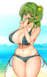 Rule 34 | 1girl, alternate breast size, alternate costume, ase (nigesapo), bare shoulders, belly, bikini, blue bikini, blue eyes, blush, bow, breasts, cleavage, collarbone, covering own mouth, curvy, daiyousei, embarrassed, fairy, fairy wings, green hair, hair between eyes, hair bow, hands up, huge breasts, lake, long hair, looking at viewer, low wings, o-ring, o-ring bikini, outdoors, side ponytail, sidelocks, sideways glance, signature, sky, solo, swimsuit, thighs, touhou, water, wings, yellow bow