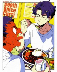 Rule 34 | 2boys, ace attorney, border, chewing, closed eyes, closed mouth, cup, curry, curry rice, drinking straw, food, hand up, highres, holding, holding cup, holding spoon, kazuma asogi, male focus, multiple boys, open mouth, plate, profile, purple hair, rice, ryunosuke naruhodo, shino (shino dgs), shirt, short hair, short sleeves, spoon, sweat, the great ace attorney, tongue, tongue out, white border, white shirt, yellow background