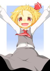 Rule 34 | 1girl, arms up, ascot, blonde hair, blush, fang, female focus, hair ribbon, hecchi (blanch), long sleeves, looking at viewer, open mouth, outstretched arms, red eyes, ribbon, rumia, shirt, short hair, skirt, skirt set, smile, solo, touhou, vest