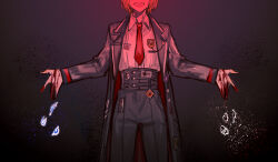 Rule 34 | 1girl, badge, blonde hair, blood, blood on clothes, coat, collared shirt, don quixote (project moon), grey coat, grey pants, high-waist pants, limbus company, logo, long sleeves, necktie, nishikujic, open mouth, pants, project moon, red necktie, shirt, shirt tucked in, short hair, smile, solo, sticker, white shirt, wing collar