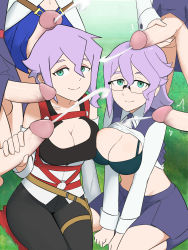 Rule 34 | 6+girls, bra, breasts, cleavage, clothes, clothes lift, croix meridies, cum, diooksan, ejaculation, erection, futa with female, futanari, glasses, grabbing, green eyes, group sex, highres, large breasts, large penis, little witch academia, multiple girls, multiple penises, oksandio, penis, penis grab, penis on head, purple hair, smile, surrounded by penises, testicles, underwear