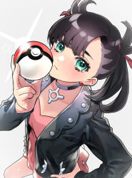 Rule 34 | 1girl, absurdres, aqua eyes, asymmetrical bangs, black hair, black jacket, choker, closed mouth, collarbone, creatures (company), dress, from above, game freak, grey background, hair ribbon, hand on own hip, highres, holding, holding poke ball, jacket, long hair, long sleeves, looking at viewer, marnie (pokemon), nintendo, open clothes, open jacket, pink dress, poke ball, poke ball (basic), pokemon, pokemon swsh, red ribbon, ribbon, short dress, solo, tate yukimi
