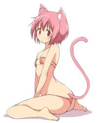 Rule 34 | 1girl, animal ear fluff, animal ears, ass, bare shoulders, barefoot, bikini, breasts, butt crack, cat ears, cat tail, commentary, eyepatch bikini, from behind, kemonomimi mode, looking at viewer, looking back, mel (melty pot), nonohara yuzuko, orange bikini, parted lips, pink eyes, pink hair, shadow, short hair, simple background, sitting, small breasts, solo, swimsuit, tail, thong bikini, white background, yuyushiki