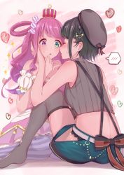 Rule 34 | 2girls, bare shoulders, belt, black hair, blush, bow, candy hair ornament, close-up, closed eyes, commentary, commentary request, crown, dress, embarrassed, food-themed hair ornament, green eyes, grey legwear, hair ornament, hand on another&#039;s face, hat, heart, heterochromia, highres, himemori luna, himemori luna (1st costume), hinano hiyoko, hololive, imminent kiss, long hair, mini crown, multiple girls, one side up, oozora subaru, oozora subaru (work), open mouth, pantyhose, pink dress, pink eyes, pink hair, princess, princess dress, short hair, shorts, sitting, sleeveless, speech bubble, spoken blush, striped clothes, striped legwear, striped pantyhose, sweatdrop, thighhighs, vertical-striped clothes, vertical-striped pantyhose, virtual youtuber, wavy hair, yuri, zettai ryouiki