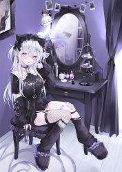 Rule 34 | 1girl, :o, absurdres, animal ears, belt, belt buckle, bench, black belt, black flower, black footwear, black rose, black shirt, black skirt, black sleeves, black socks, blue flower, blue rose, breasts, buckle, cat ears, chain, collar, commentary request, copyright request, cross, cross necklace, curtains, detached sleeves, fang, fishnet thighhighs, fishnets, flower, hair between eyes, hand up, highres, indoors, jewelry, kneehighs, latin cross, long hair, long sleeves, looking at viewer, loose socks, mashiro shiki, mirror, multicolored hair, necklace, o-ring, open mouth, pink eyes, puffy long sleeves, puffy sleeves, purple collar, reflection, rose, shirt, short sleeves, single thighhigh, sitting, skirt, sleeves past wrists, slippers, small breasts, socks, socks over thighhighs, solo, table, thighhighs, twitter username, two-tone hair, vanity table, very long hair, virtual youtuber, white hair, wooden floor