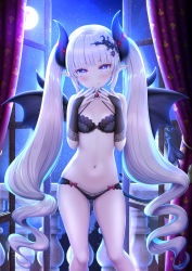 Rule 34 | 1girl, black bra, black panties, black wings, blue eyes, blue nails, blush, bow, bow bra, bow panties, bra, breasts, bridal gauntlets, closed mouth, commentary request, curled horns, curtains, demon girl, demon horns, demon tail, demon wings, fang, fang out, hair ornament, hands up, highres, horns, indoors, long hair, nail polish, navel, night, night sky, open window, original, panties, pointy ears, railing, short eyebrows, silver hair, sky, small breasts, smile, solo, standing, star (sky), starry sky, taiki ken, tail, thick eyebrows, twintails, underwear, underwear only, very long hair, window, wings