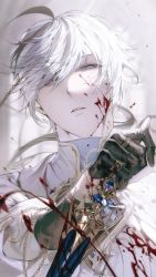 Rule 34 | 1boy, bishounen, black gloves, black hair, blade (nu carnival), blood, blood on clothes, blood on face, chain, everydaysleep, gem, gloves, half gloves, holding, holding knife, jewelry, knife, long sleeves, looking at viewer, male focus, multicolored hair, multiple rings, nu carnival, parted lips, purple eyes, ring, sharp teeth, short hair, teeth, two-tone hair, white hair