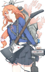 Rule 34 | 10s, 1girl, ahoge, bad id, bad pixiv id, character name, crescent, crescent hair ornament, electric guitar, gibson explorer, gradient background, guitar, hair ornament, highres, instrument, kantai collection, long hair, md5 mismatch, ninimo nimo, rabbit hair ornament, red eyes, red hair, ribbon, school uniform, serafuku, skirt, solo, uzuki (kancolle), very long hair