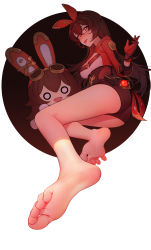 Rule 34 | 1girl, absurdres, amber (genshin impact), ass, barefoot, baron bunny (genshin impact), brown hair, feet, foot focus, foreshortening, genshin impact, hairband, highres, jiachong jun z, long hair, looking at viewer, lying, on side, short shorts, shorts, simple background, soles, sweat, thighhighs, toes, tongue, tongue out, white background, yellow eyes
