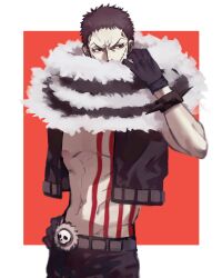 Rule 34 | 1boy, bare pectorals, belt, black gloves, black jacket, black pants, bracelet, charlotte katakuri, chest tattoo, eyelashes, fur scarf, furrowed brow, gloves, hand on own hip, highres, jacket, jewelry, limited palette, male focus, mirin (coene65), navel, one piece, pants, pectorals, red eyes, scar, scar on face, short hair, skull, solo, spiked bracelet, spikes, tattoo, toned, toned male