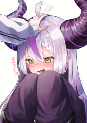 Rule 34 | 2girls, afterimage, ahoge, blush, demon girl, demon horns, dokurokou, green nails, hair between eyes, headphones, highres, hololive, horns, la+ darknesss, looking away, multicolored hair, multicolored nails, multiple girls, nail polish, open mouth, pointy ears, purple hair, red nails, silver hair, simple background, sleeves past fingers, sleeves past wrists, streaked hair, striped horns, tokoyami towa, translation request, virtual youtuber, white background, yellow eyes