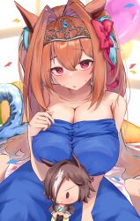 Rule 34 | 1girl, absurdres, animal ears, bare arms, bare shoulders, blue dress, blush, bow, breasts, brown hair, daiwa scarlet (umamusume), doll, dress, ear ornament, hair intakes, highres, horse ears, horse girl, jewelry, large breasts, long hair, looking at viewer, multiple girls, necklace, negipon, red eyes, sitting, solo focus, strapless, strapless dress, tiara, twintails, umamusume, very long hair, vodka (umamusume), wariza
