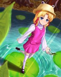 Rule 34 | 1girl, bad id, bad pixiv id, blonde hair, blue eyes, female focus, frog, from above, full body, hair ribbon, hat, ket-c, lily pad, mary janes, moriya suwako, perspective, pond, ribbon, shoes, short hair, smile, solo, standing, standing on one leg, thighhighs, touhou, tree, water, white thighhighs