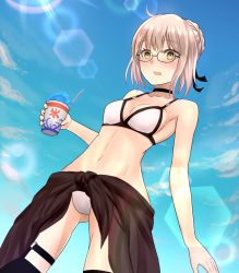Rule 34 | 1girl, ahoge, artoria pendragon (fate), bad id, bad pixiv id, bikini, blonde hair, blush, braid, breasts, choker, cleavage, embarrassed, fate/grand order, fate (series), food, french braid, from behind, glasses, gluteal fold, groin, hip focus, lens flare, mizoredama, mysterious heroine x alter (fate), navel, shaved ice, sideboob, solo, swimsuit, thighhighs, yellow eyes
