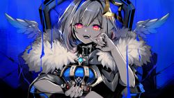 Rule 34 | 1girl, amane kanata, angel wings, barbed wire, black collar, black nails, blue background, blue theme, bob cut, chair, coat, collar, crown, unworn crown, fur-trimmed coat, fur trim, halo, highres, holding, holding crown, hololive, king (vocaloid), looking at viewer, nail polish, red eyes, ria (rilpoppo), single hair intake, smile, solo, star halo, teeth, throne, virtual youtuber, vocaloid, wings