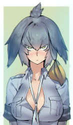 Rule 34 | 10s, 1girl, alternate breast size, between breasts, blush, breast pocket, breasts, chromatic aberration, closed mouth, collarbone, collared shirt, green eyes, grey hair, grey shirt, hair between eyes, harabacho (gkfkqkch1), kemono friends, large breasts, long hair, looking at viewer, low ponytail, multicolored hair, necktie, necktie between breasts, nose blush, orange hair, partially unbuttoned, pocket, shirt, shoebill (kemono friends), short sleeves, side ponytail, solo, upper body, white necktie