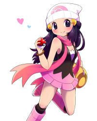 Rule 34 | 1girl, bag, bare shoulders, beanie, black eyes, black hair, black shirt, black socks, blush, boots, bracelet, breasts, creatures (company), dawn (pokemon), duffel bag, female focus, game freak, hair ornament, hairclip, hands up, happy, hat, heart, highres, holding, holding poke ball, jewelry, knee boots, kneehighs, leg up, long hair, looking at viewer, matching hair/eyes, miniskirt, nintendo, pink footwear, pink scarf, pink skirt, poke ball, poke ball (basic), poke ball theme, pokemon, pokemon dppt, sawarabi (sawarabi725), scarf, shiny skin, shirt, simple background, skirt, sleeveless, sleeveless shirt, small breasts, smile, socks, solo, standing, standing on one leg, white background, white hat