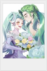 Rule 34 | 1boy, 1girl, :d, absurdres, blurry, blurry foreground, blush, bouquet, collarbone, covered collarbone, cowboy shot, crystal rose swain, crystal rose zyra, dress, elbow gloves, flower, gloves, green hair, happy, highres, holding, holding bouquet, league of legends, long hair, looking at another, official alternate costume, open mouth, pectorals, pink flower, pink gloves, pointy ears, ponytail, simple background, smile, swain (league of legends), teeth, tianshi bianjie, upper teeth only, white background, white flower, yellow eyes, yellow flower, zyra