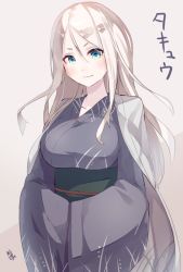Rule 34 | 10s, 1girl, abyssal ship, alternate costume, aqua eyes, artist name, bad id, bad twitter id, breasts, cape, colored skin, female focus, hair between eyes, japanese clothes, jpeg artifacts, kantai collection, kimono, large breasts, long hair, long sleeves, looking at viewer, meth (emethmeth), pale skin, silver hair, simple background, smile, solo, ta-class battleship, white skin, yukata