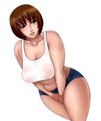 Rule 34 | 1girl, blush, breasts, brown hair, cleavage, curvy, denim, denim shorts, highres, hip focus, huge breasts, image sample, large breasts, lips, matoyama, midriff, naughty face, navel, no bra, original, pixiv sample, see-through, short hair, short shorts, shorts, solo, thick thighs, thighs, wide hips