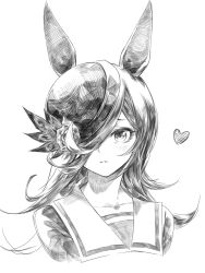 Rule 34 | 1girl, animal ears, blush, commentary request, flower, greyscale, hasukurira, heart, highres, horse ears, horse girl, long hair, looking at viewer, monochrome, rice shower (umamusume), rose, school uniform, simple background, sketch, solo, tilted headwear, tracen school uniform, umamusume, upper body, white background