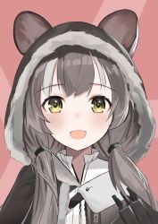 Rule 34 | 1girl, :d, absurdres, animal ears, animal hood, arknights, black jacket, blush, brown hair, commentary request, fake animal ears, fur-trimmed hood, fur trim, grey hair, hair over shoulder, highres, honeyberry (arknights), hood, hood up, hooded jacket, jacket, keaworks, long hair, looking at viewer, low twintails, open mouth, smile, solo, strapless, twintails