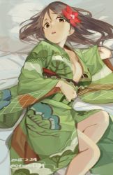 Rule 34 | 10s, 1girl, amagi (kancolle), breasts, brown eyes, brown hair, cleavage, dated, flower, hair flower, hair ornament, image sample, japanese clothes, kantai collection, kimono, large breasts, long hair, long sleeves, lying, obi, on back, open mouth, sash, solo, toro (konirio), twitter username, wide sleeves