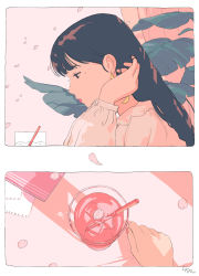 Rule 34 | 1girl, 2koma, aorkgk, black hair, border, cherry blossoms, comic, cup, drink, drinking glass, drinking straw, highres, ice, leaf, lipstick, long hair, long sleeves, makeup, mole, mole under eye, nail polish, original, paper, pink nails, pink theme, plant, signature, silent comic, solo, spring (season), white border