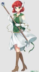 Rule 34 | 1girl, absurdres, blunt bangs, boots, brown footwear, closed mouth, collarbone, edamameoka, elbow gloves, fire emblem, fire emblem: the blazing blade, full body, gloves, green eyes, green shirt, grey background, highres, holding, holding staff, knee boots, medium skirt, nintendo, priscilla (fire emblem), red hair, see-through capelet, shirt, short hair, skirt, smile, solo, staff, white gloves, white skirt
