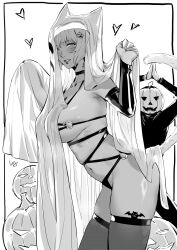 Rule 34 | 1other, animal ears, black thighhighs, blush, breasts, cat ears, cat tail, facial mark, final fantasy, final fantasy xiv, food-themed hair ornament, from side, ghost costume, greyscale, hair ornament, halloween, heart, highres, jack-o&#039;-lantern, jack-o&#039;-lantern head, large breasts, liangjushuang, miqo&#039;te, monochrome, navel piercing, neck tattoo, o-ring, piercing, pumpkin hair ornament, revealing clothes, tail, tattoo, thighhighs, whisker markings, y&#039;shtola rhul