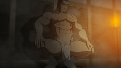 Rule 34 | 1boy, abs, bara, black hair, breath, facial hair, from behind, japanese clothes, kimono, large pectorals, loincloth, male focus, mature male, muscular, muscular male, nipples, open clothes, open door, open kimono, original, oro9, paid reward available, pectorals, sauna, short hair, sideburns, sliding doors, snowing, socks, solo, squatting, steam, stubble, thick eyebrows, thick thighs, thighs