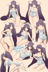 Rule 34 | 1girl, adjusting clothes, adjusting swimsuit, bent over, blue eyes, blue hair, breasts, cetus kkk, character sheet, cleavage, closed mouth, dated, hair ornament, highres, large breasts, long hair, looking at viewer, ningyo hime (sinoalice), purple hair, sad, sidelocks, signature, sinoalice, sketch, solo, swimsuit, tan background, very long hair