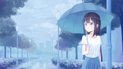 Rule 34 | 1girl, absurdres, black hair, blue eyes, blue skirt, blue theme, blue umbrella, blurry, blurry background, closed mouth, cloud, cloudy sky, cowboy shot, day, depth of field, expressionless, highres, holding, holding umbrella, lamp post, looking to the side, medium hair, noven, original, outdoors, rain, scenery, shirt, short sleeves, skirt, sky, solo, standing, tree, umbrella, white shirt