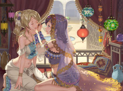 Rule 34 | 2girls, applying makeup, aqua eyes, arabian clothes, armlet, ayase eli, balcony, barefoot, blonde hair, bracelet, closed eyes, collarbone, commentary request, crop top, crystal ball, curtains, cushion, detached sleeves, face-to-face, flower, fringe trim, gem, hair flower, hair ornament, half-closed eyes, halterneck, hand on another&#039;s cheek, hand on another&#039;s face, harem pants, head chain, indoors, jewelry, kneeling, lantern, looking at another, love live!, love live! school idol festival, love live! school idol project, makeup brush, midriff, multiple girls, navel, pants, pitcher (container), ponytail, purple hair, railing, sidelocks, sitting, smile, thigh strap, tomiwo, tojo nozomi, vase, veil