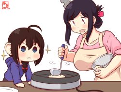 Rule 34 | 2girls, :3, ahoge, alternate costume, artist logo, beige apron, black hair, blue eyes, blue hoodie, braid, collarbone, commentary request, cooking, dated, food, hair ornament, hair over shoulder, hood, hood down, hoodie, kanon (kurogane knights), kantai collection, ladle, long sleeves, mixing bowl, multiple girls, one-hour drawing challenge, pancake, pink shirt, red eyes, shigure (kancolle), shirt, short hair, simple background, single braid, white background, yamashiro (kancolle), aged down