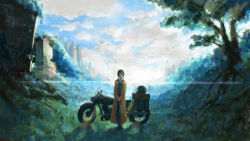 Rule 34 | 1girl, androgynous, backlighting, black hair, bob cut, commentary request, full body, hermes (kino no tabi), kino (kino no tabi), kino no tabi, lens flare, long coat, motor vehicle, motorcycle, nature, own hands clasped, own hands together, scenery, shin (shinitagaki), short hair, solo, standing, wide shot