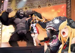 Rule 34 | 1girl, bare shoulders, black kimono, black sclera, blonde hair, closed eyes, colored sclera, commentary request, detached sleeves, gloves, glowing, glowing eyes, gorilla, gorilla mask, highres, holding, holding microphone, holding smoking pipe, hololive, hololive indonesia, idol, japanese clothes, kaela kovalskia, kimono, kiseru, long hair, microphone, muscular, popo (popo0cat), red gloves, sleeveless, sleeveless kimono, smoking pipe, stage, virtual youtuber, wide sleeves, yellow eyes