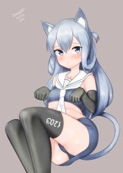 Rule 34 | 1girl, absurdres, animal ears, black gloves, black thighhighs, blue eyes, blue hair, blue panties, blue skirt, cat ears, cat tail, crop top, elbow gloves, feet out of frame, gloves, gradient neckerchief, grey background, highres, i-203 (kancolle), kantai collection, light blue hair, long hair, maru (marg0613), midriff, navel, neckerchief, one-hour drawing challenge, panties, paw pose, pencil skirt, sailor collar, sidelocks, simple background, sitting, skirt, sleeveless, solo, tail, thighhighs, underwear, white neckerchief, white sailor collar