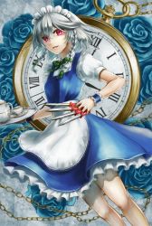 Rule 34 | 1girl, apron, blue flower, blue rose, bow, bowtie, braid, chain, clock, cup, floral background, flower, frilled skirt, frills, izayoi sakuya, knife, maid, maid apron, maid headdress, nora (le-chat-noir), pocket watch, red eyes, roman numeral, rose, saucer, short hair, silver hair, skirt, solo, teacup, teapot, touhou, twin braids, watch, wrist cuffs