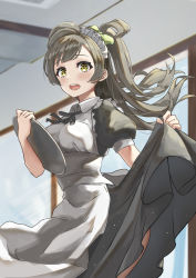 Rule 34 | 1girl, absurdres, akiki222222222, akiki (kiki), apron, artist name, artist request, back bow, black neckwear, blush, bow, breasts, brown eyes, brown hair, collared dress, dress, female focus, green bow, grey hair, hair bow, highres, holding, holding clothes, holding plate, holding skirt, light brown hair, long hair, love live!, love live! school idol festival, love live! school idol festival all stars, love live! school idol project, maid, maid apron, maid headdress, medium breasts, minami kotori, parted lips, plate, puffy short sleeves, puffy sleeves, short sleeves, side ponytail, skirt, smile, solo, white apron, white bow